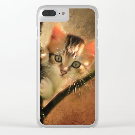 Little cute kitten on a tree Clear iPhone Case