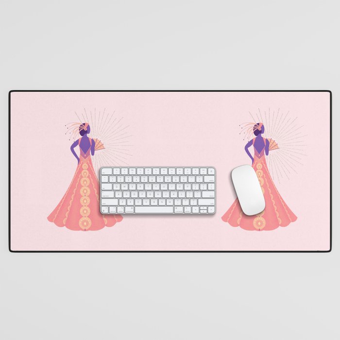 Art Deco sunset peacock dress Desk Mat