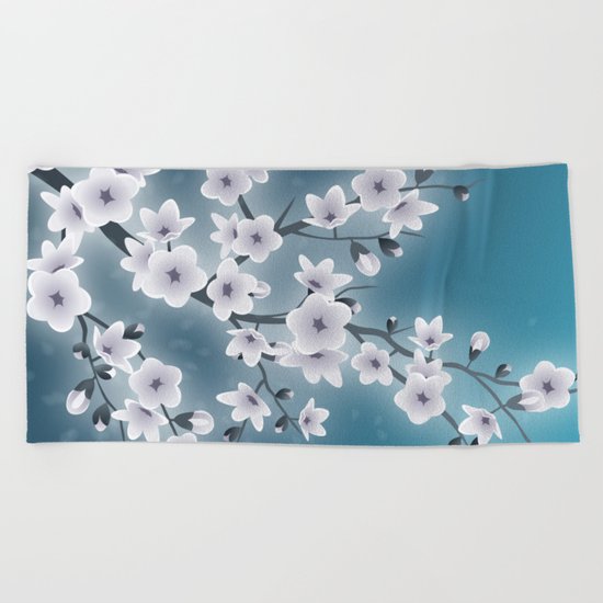 Cherry Blossoms Night Blue Beach Towel