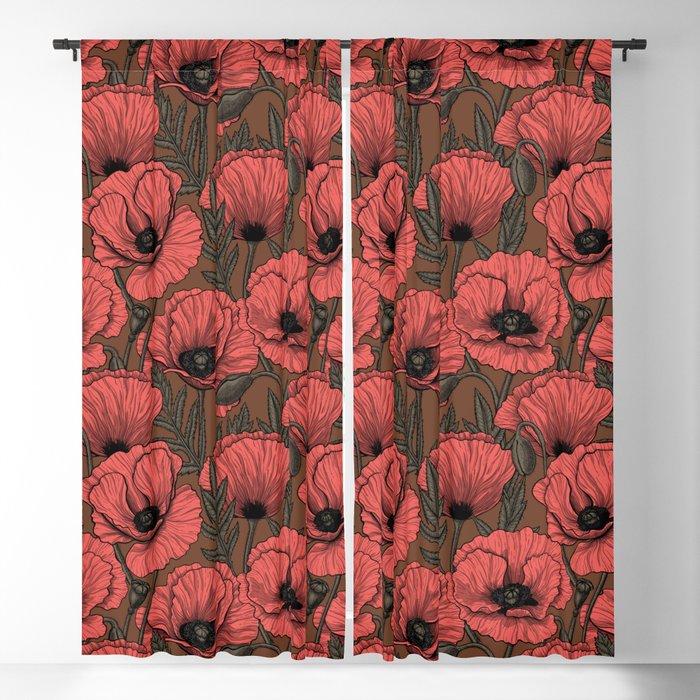 Poppy garden in coral and brown Blackout Curtain