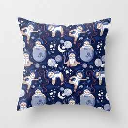 Best Space To Be // navy blue background indigo moons and cute astronauts sloths Throw Pillow