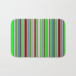 [ Thumbnail: Colorful Dark Grey, Blue, Pink, Maroon, and Lime Colored Lined/Striped Pattern Bath Mat ]
