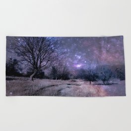 Purple cosmic winter landscape Beach Towel