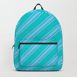 [ Thumbnail: Dark Turquoise and Light Sky Blue Colored Lined/Striped Pattern Backpack ]