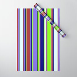 [ Thumbnail: Colorful Brown, Medium Slate Blue, Blue, Chartreuse & Light Cyan Colored Striped/Lined Pattern Wrapping Paper ]