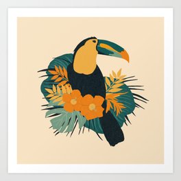 Tropical Toucan | Green & Orange Art Print | Bird Print, Drawing, Nature, Jungle Bird, Bird And Flowers, Green Orange, Curated, Bright Flowers, Tropical Colors, Wildlife 