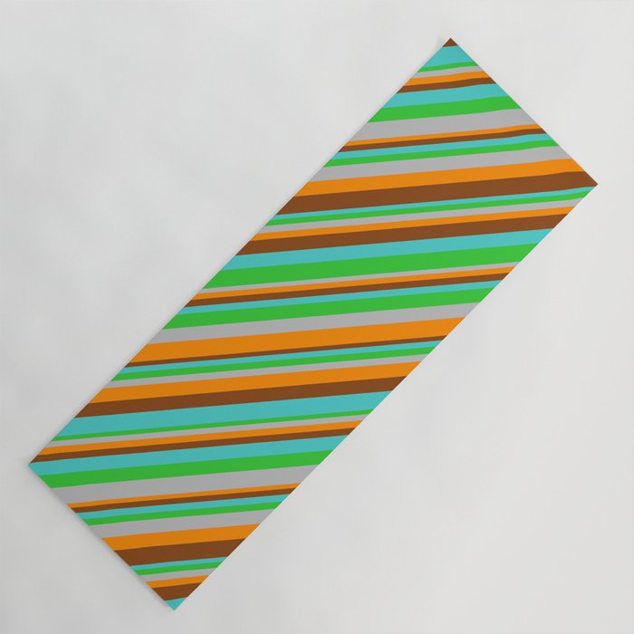Eye-catching Turquoise, Lime Green, Grey, Dark Orange & Brown Colored Lines/Stripes Pattern Yoga Mat