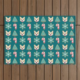 Holiday Cookies - Corgi, Christmas Tree, Snowflake and Candy Cane, Sweet and Cute Festive Pattern in Teal Green, Pink and Beige Outdoor Rug