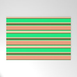 [ Thumbnail: Green, Beige, Light Salmon & Dark Olive Green Colored Stripes Pattern Welcome Mat ]