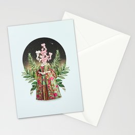 Shinny skin vintage woman with ornamental dress and a head of flowers inside a starry sky Stationery Cards