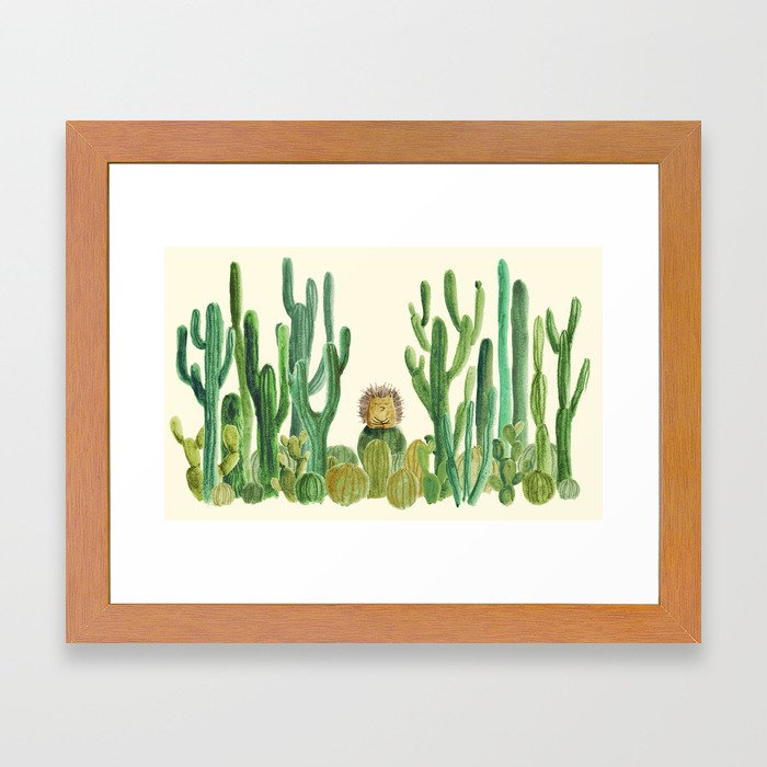 In my happy place - hedgehog meditating in cactus jungle Framed Art Print