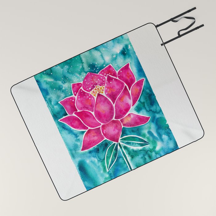 Sacred Lotus Magenta Blossom with Turquoise Wash Picnic Blanket by