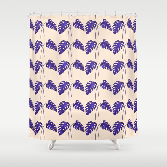Indigo Monstera Leaf Watercolor on Blush Shower Curtain