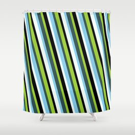 [ Thumbnail: Eye-catching Green, Dark Slate Gray, Sky Blue, Mint Cream & Black Colored Lined Pattern Shower Curtain ]