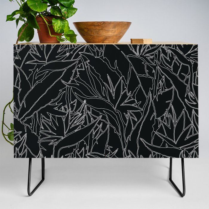 Bird of Paradise Exotic Jungle plants pattern. Contemporary Art Digital illustration background.  Credenza