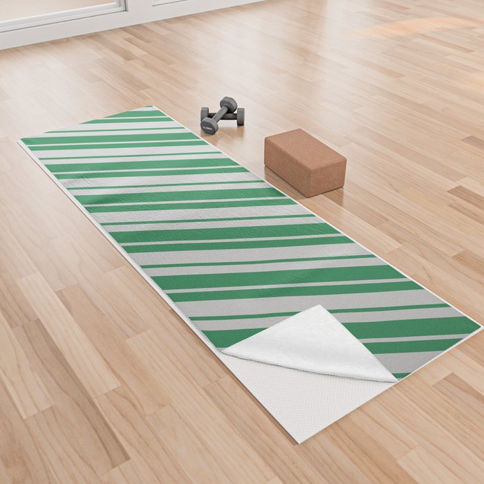 Light Grey & Sea Green Colored Lines Pattern Yoga Towel