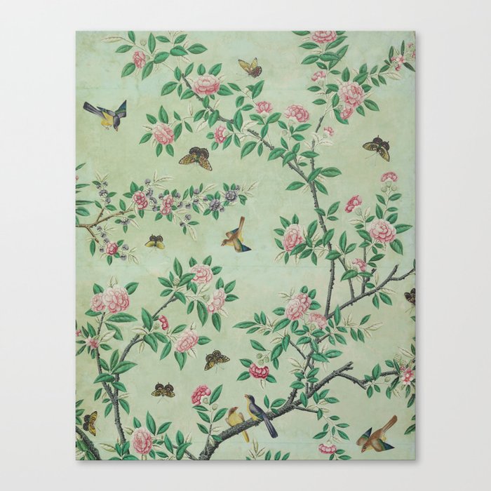 Antique Chinoiserie Peony Flower Bird Garden 1800 Canvas Print