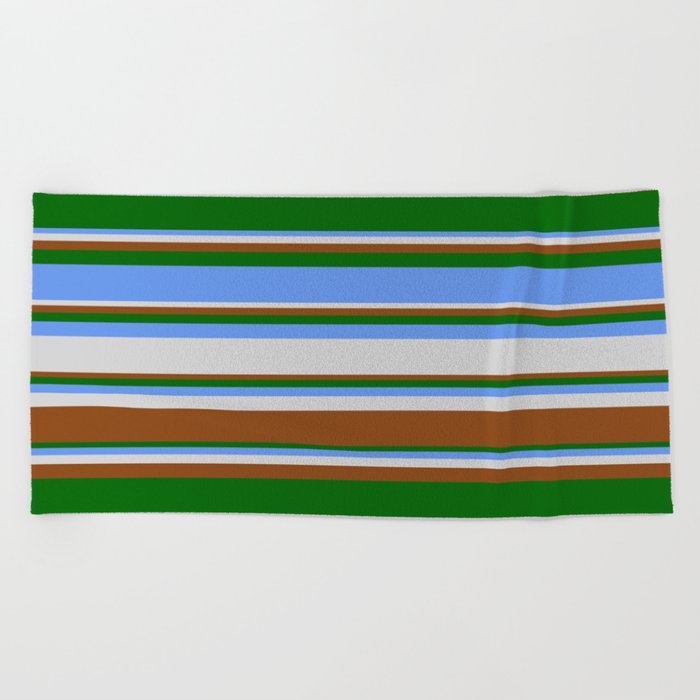 Cornflower Blue, Light Grey, Brown & Dark Green Colored Pattern of Stripes Beach Towel