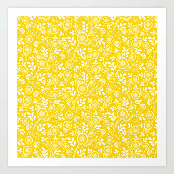 Yellow And White Eastern Floral Pattern Art Print
