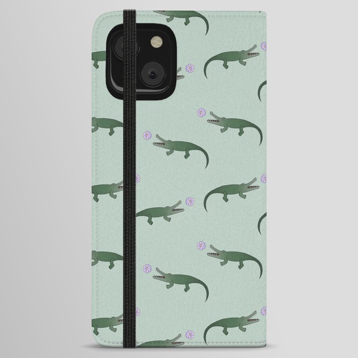 Crocodile with flower green iPhone Wallet Case