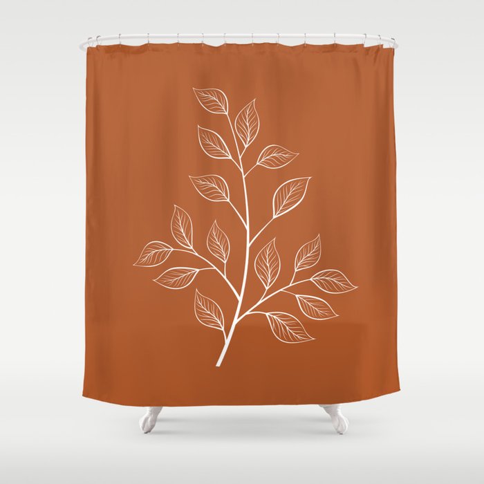 Delicate White Leaves and Branch on a Rust Orange Background Shower Curtain