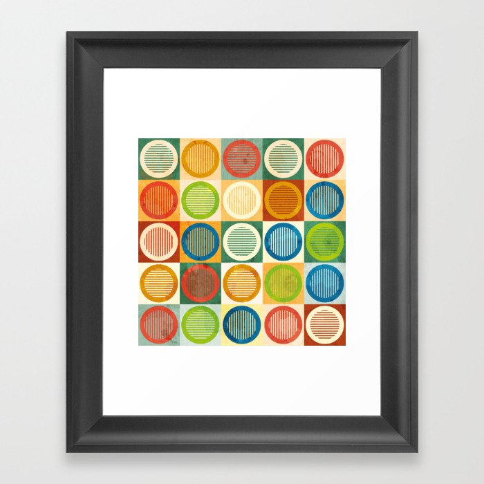 Geometric Hand-Drawn Colorful Circles on  Colorful Squared Framed Art Print