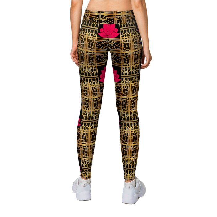 Art Deco Retro Lotus amaranth black Leggings by NatalieCatLee