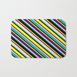 [ Thumbnail: Eyecatching Yellow, Indigo, Bisque, Light Sea Green, and Black Colored Lined Pattern Bath Mat ]