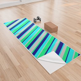 [ Thumbnail: Light Gray, Cyan, Dark Blue & Green Colored Lines Pattern Yoga Towel ]