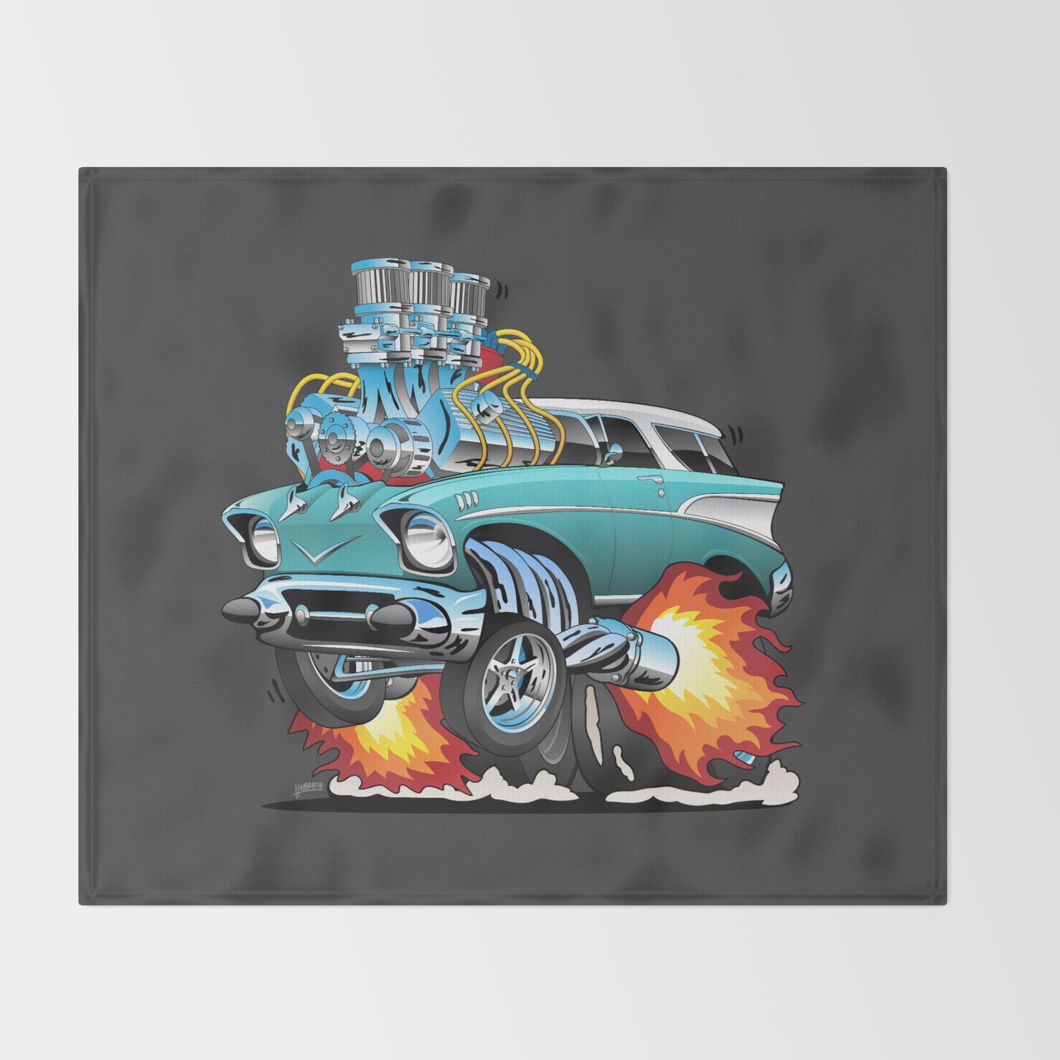 Classic Fifties Hot Rod Muscle Car Cartoon Throw Blanket By