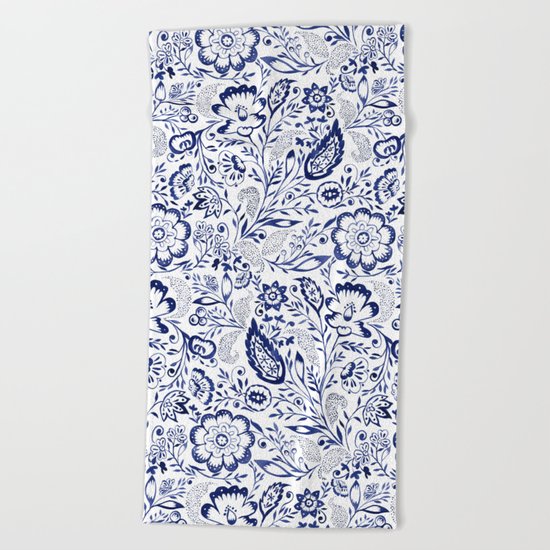 Folk Floral Indigo Beach Towel