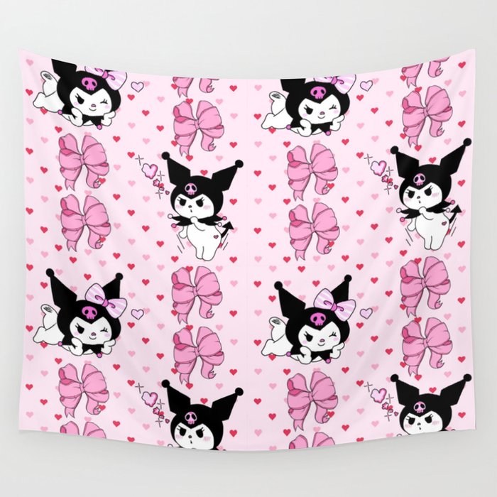 Cute Cat Kuromi Bow Collage Wall Tapestry by candycornsketches