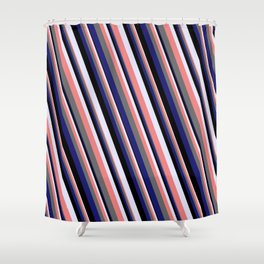 [ Thumbnail: Eye-catching Lavender, Light Coral, Dim Gray, Midnight Blue & Black Colored Striped/Lined Pattern Shower Curtain ]