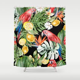 Beautiful watercolor tropical pattern with leaves, flowers, fruits and parrots. Illustration Shower Curtain