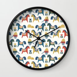 Pattern with horses inspired by scandinavian art. Scandinavian dala horse. Scandinavian flowers and traditional dala horses. Folk art pattern with colorful horses and haystack. Wall Clock