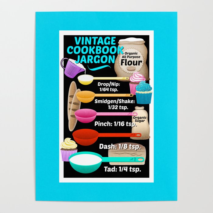 Colorful Vintage Cookbook Jargon Teaspoons Measurements // Kitchen Decor Poster