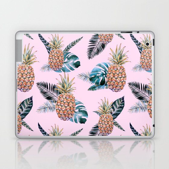 Tropical Blush Pink Green Watercolor Pineapple Monster Leaves Laptop & iPad Skin