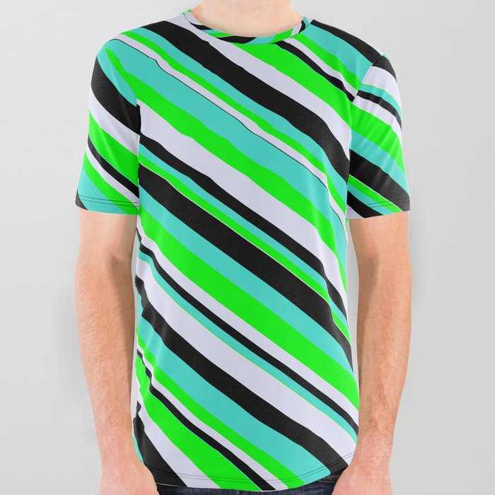 Turquoise, Lime, Lavender, and Black Colored Stripes/Lines Pattern All Over Graphic Tee