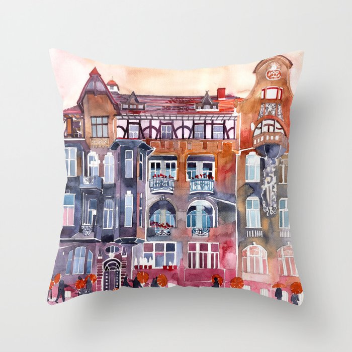 Apartment House in Poznan and orange umbrellas Throw Pillow