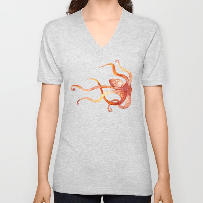 Watercolour Octopus - Red and Orange V Neck T Shirt