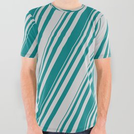 [ Thumbnail: Teal & Light Grey Colored Striped Pattern All Over Graphic Tee ]