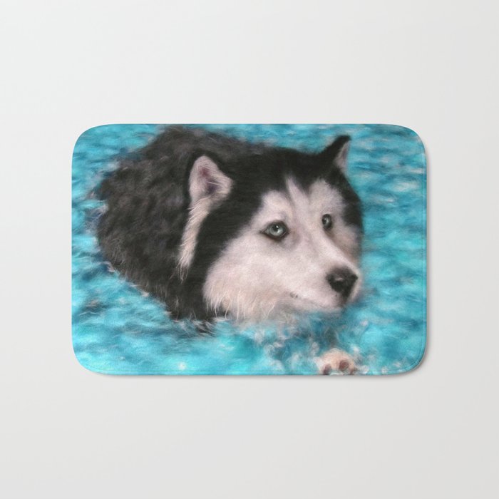 Swimming Husky wool art print Bath Mat