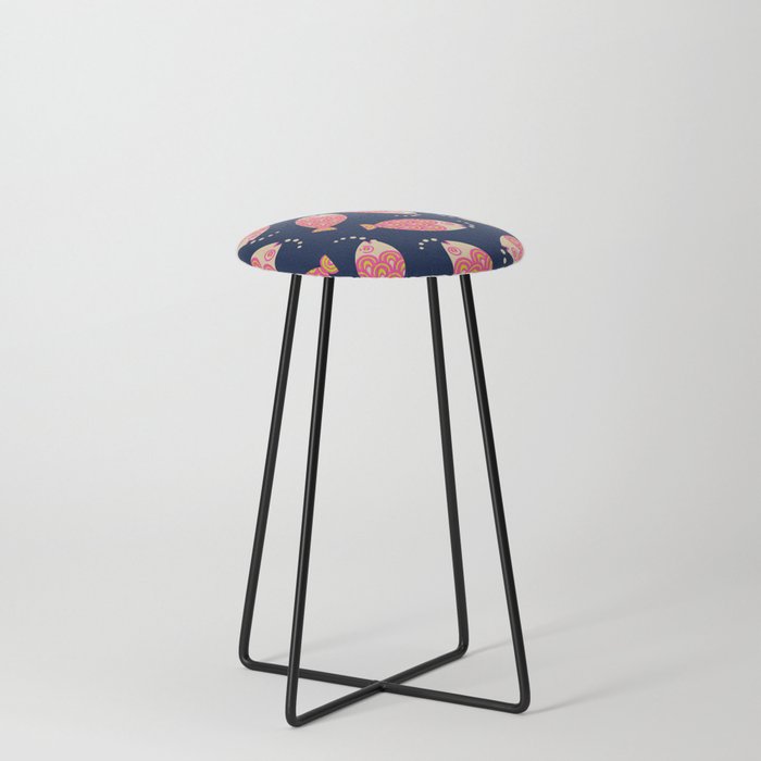 TOSSED SWIMMING FISH in PINK AND SAND ON DARK BLUE Counter Stool
