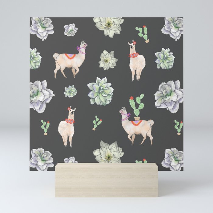 Cute Llamas & Amaryllis Floral Pattern Mini Art Print