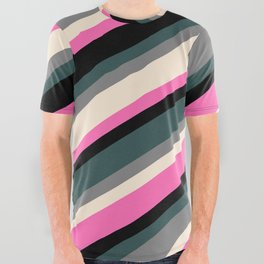 [ Thumbnail: Eye-catching Dark Slate Gray, Grey, Beige, Hot Pink, and Black Colored Lined/Striped Pattern All Over Graphic Tee ]