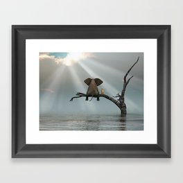 elephant and dog sit on a tree during a flood Framed Art Print