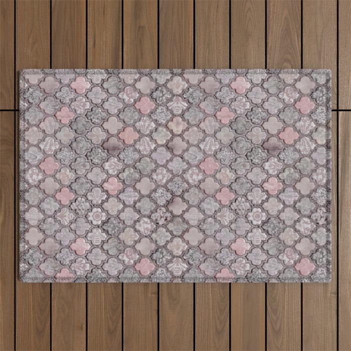 Vintage Moroccan Tiles Grey, Blush And Smoke Pink Outdoor Rug