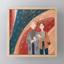 Couple under umbrella illustration, couple in the rain illustration Framed Mini Art Print