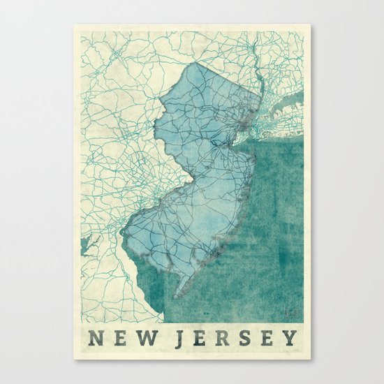 New Jersey State Map Blue Vintage Canvas Print