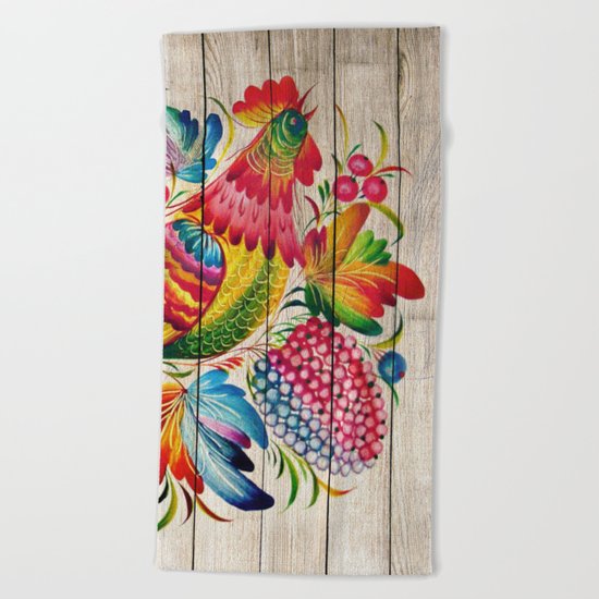 Russian Folk Art on Wood 01 Beach Towel